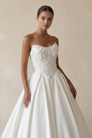 3D Floral Strapless Corset Satin Wedding Gown in White - SHE IS ME Wedding Dresses