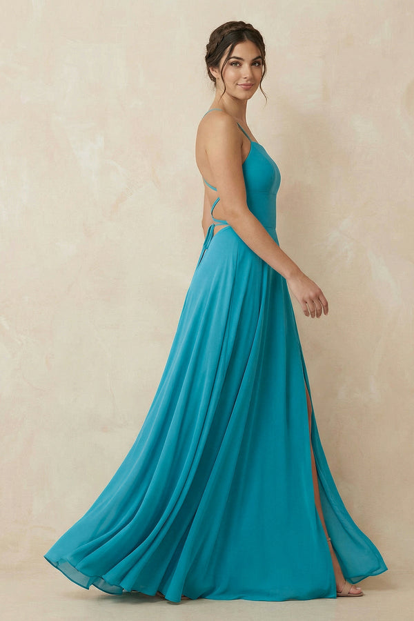 A-Line Chiffon Bridesmaid Dress in Dark Teal With Slit - SHE IS ME BRIDESMAID DRESSES