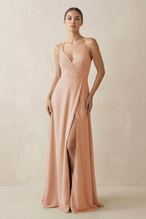 A - Line Chiffon Long Bridesmaid Dress With Slit in Champagne Rose - SHE IS ME