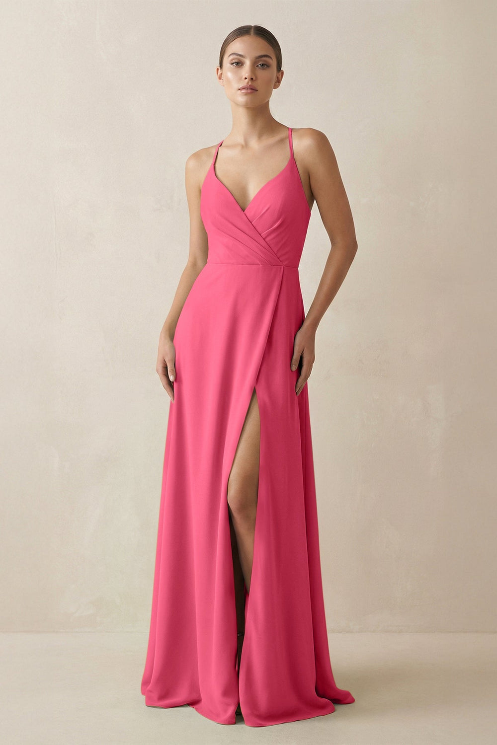A - Line Chiffon Long Bridesmaid Dress With Slit in Fuchsia - SHE IS ME
