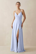 A - Line Chiffon Long Bridesmaid Dress With Slit in Ice - SHE IS ME