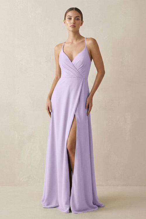 A - Line Chiffon Long Bridesmaid Dress With Slit in Lavender - SHE IS ME