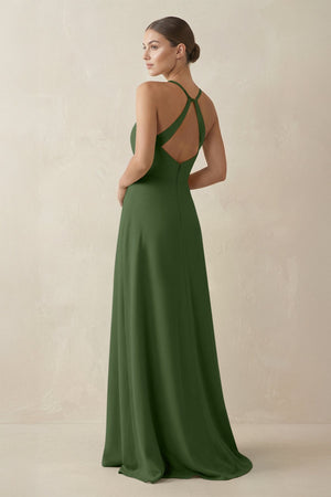 A - Line Chiffon Long Bridesmaid Dress With Slit in Moss - SHE IS ME