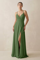 A - Line Chiffon Long Bridesmaid Dress With Slit in Moss - SHE IS ME