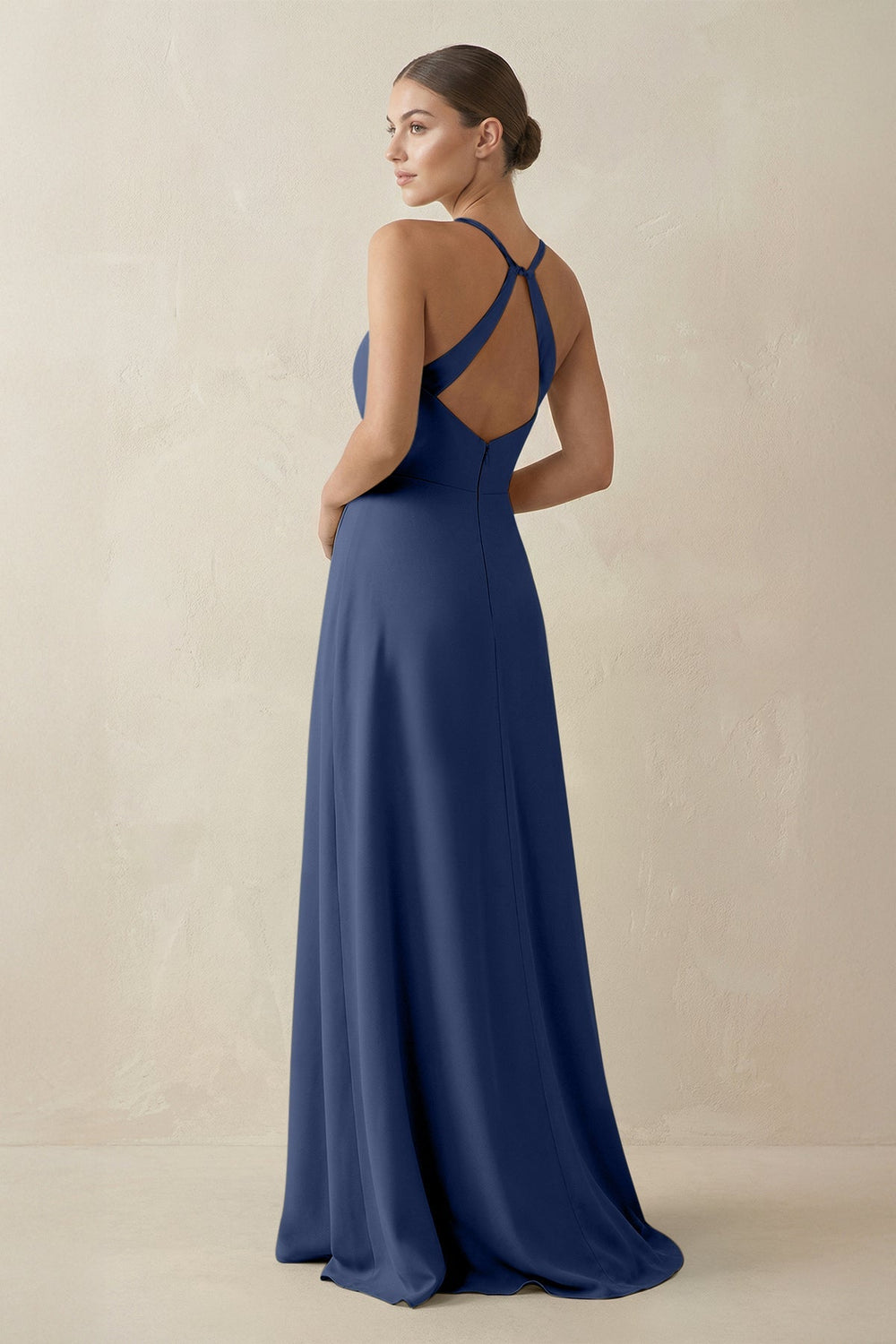 A - Line Chiffon Long Bridesmaid Dress With Slit in Navy - SHE IS ME