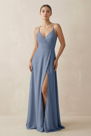 A - Line Chiffon Long Bridesmaid Dress With Slit in Neptune - SHE IS ME