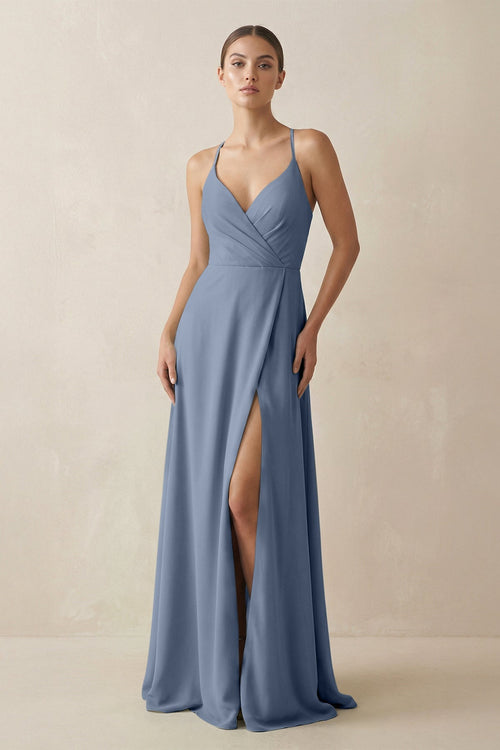 A - Line Chiffon Long Bridesmaid Dress With Slit in Neptune - SHE IS ME