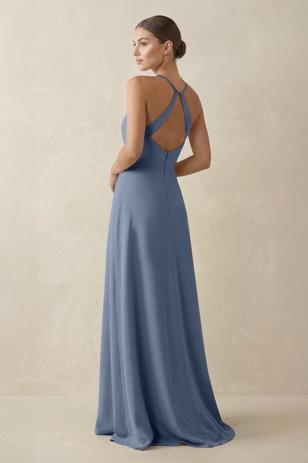 A - Line Chiffon Long Bridesmaid Dress With Slit in Neptune - SHE IS ME