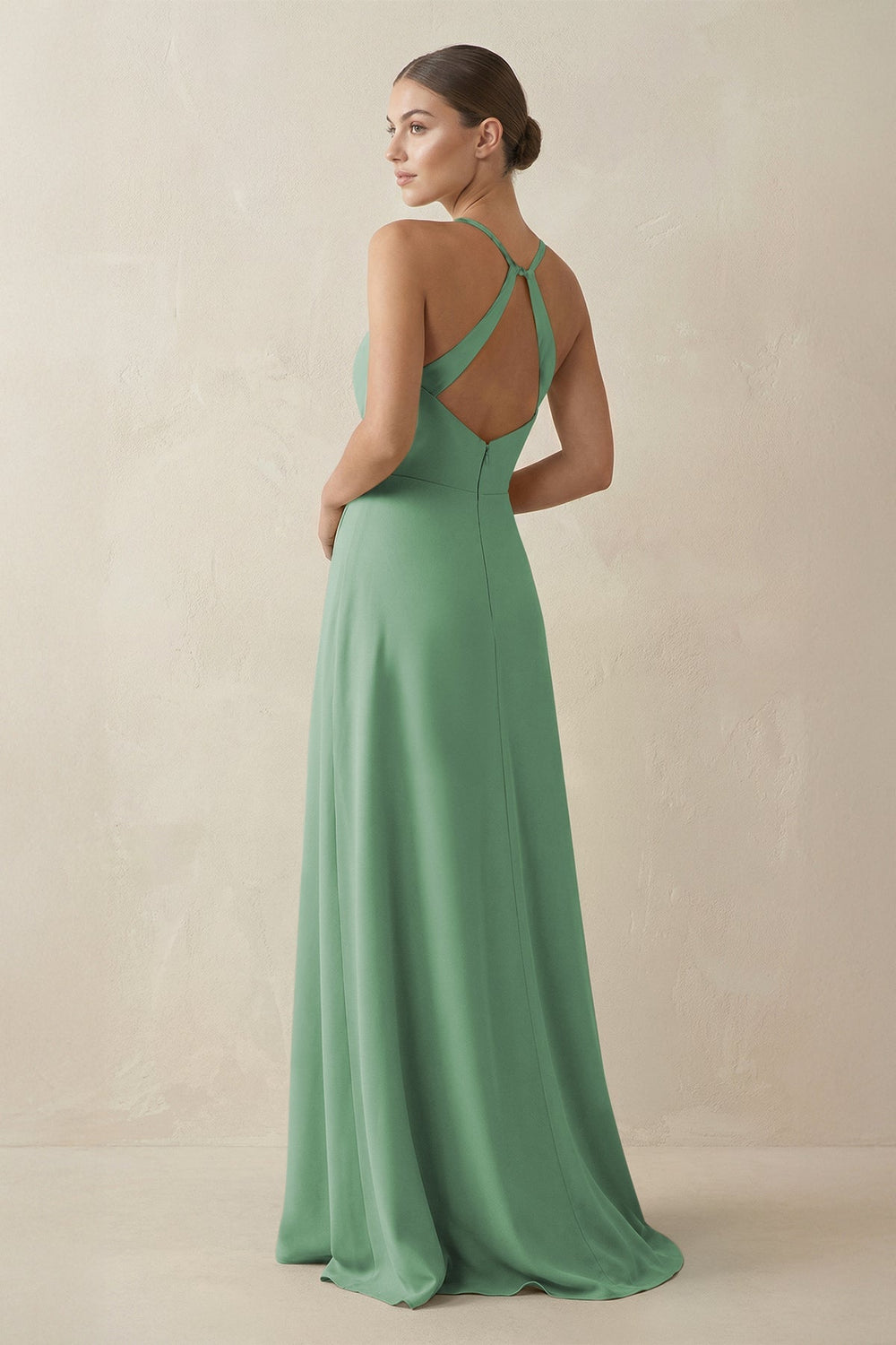A - Line Chiffon Long Bridesmaid Dress With Slit in Sea Glass - SHE IS ME