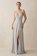 A - Line Chiffon Long Bridesmaid Dress With Slit in Silver - SHE IS ME