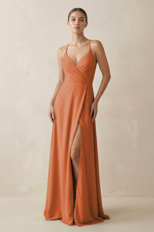 A - Line Chiffon Long Bridesmaid Dress With Slit in Terracotta - SHE IS ME