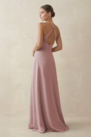 A - Line Chiffon Long Bridesmaid Dress With Slit in Toffee - SHE IS ME