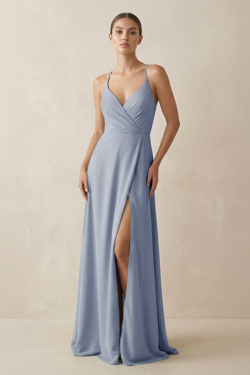 A - Line Chiffon Long Bridesmaid Dress With Slit in Twilight - SHE IS ME