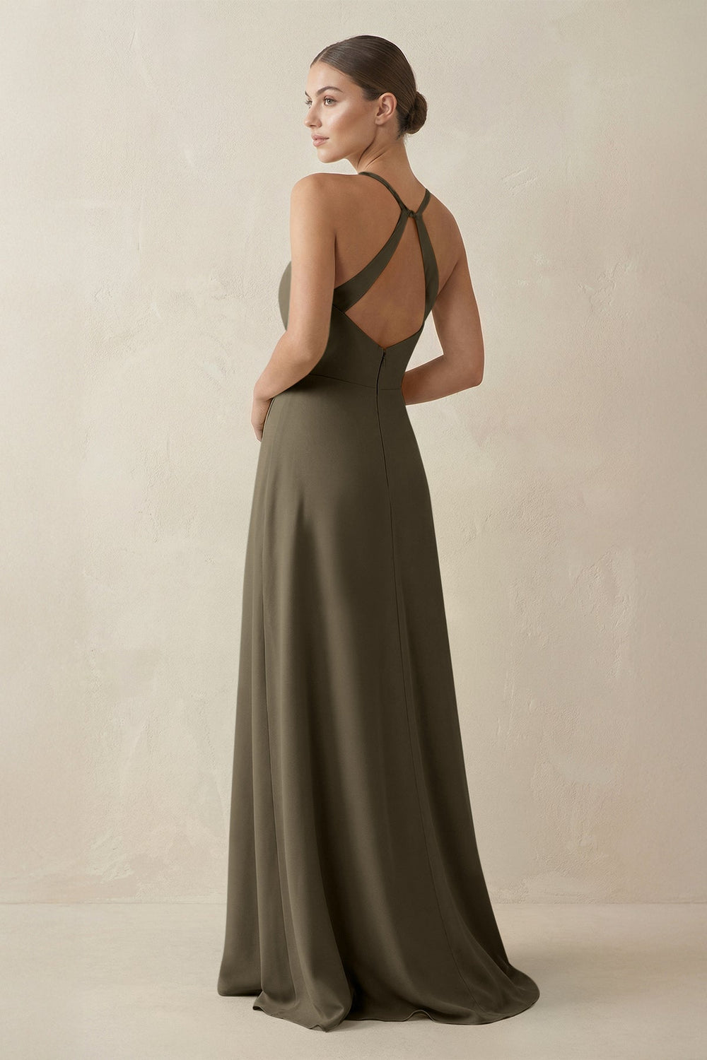 A - Line Chiffon Long Bridesmaid Dress With Slit in Willow Green - SHE IS ME