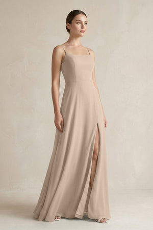 A - Line Chiffon Spaghetti Strap Bridesmaid Dress in Almond - SHE IS ME Bridesmaid Dresses