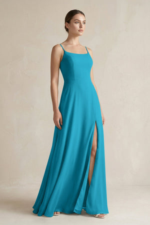 A - Line Chiffon Spaghetti Strap Bridesmaid Dress in Blue Jay - SHE IS ME Bridesmaid Dresses