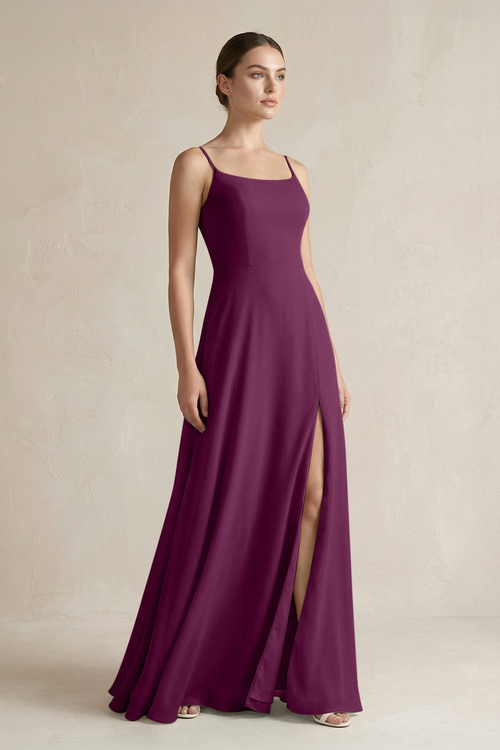A - Line Chiffon Spaghetti Strap Bridesmaid Dress in Fig - SHE IS ME Bridesmaid Dresses