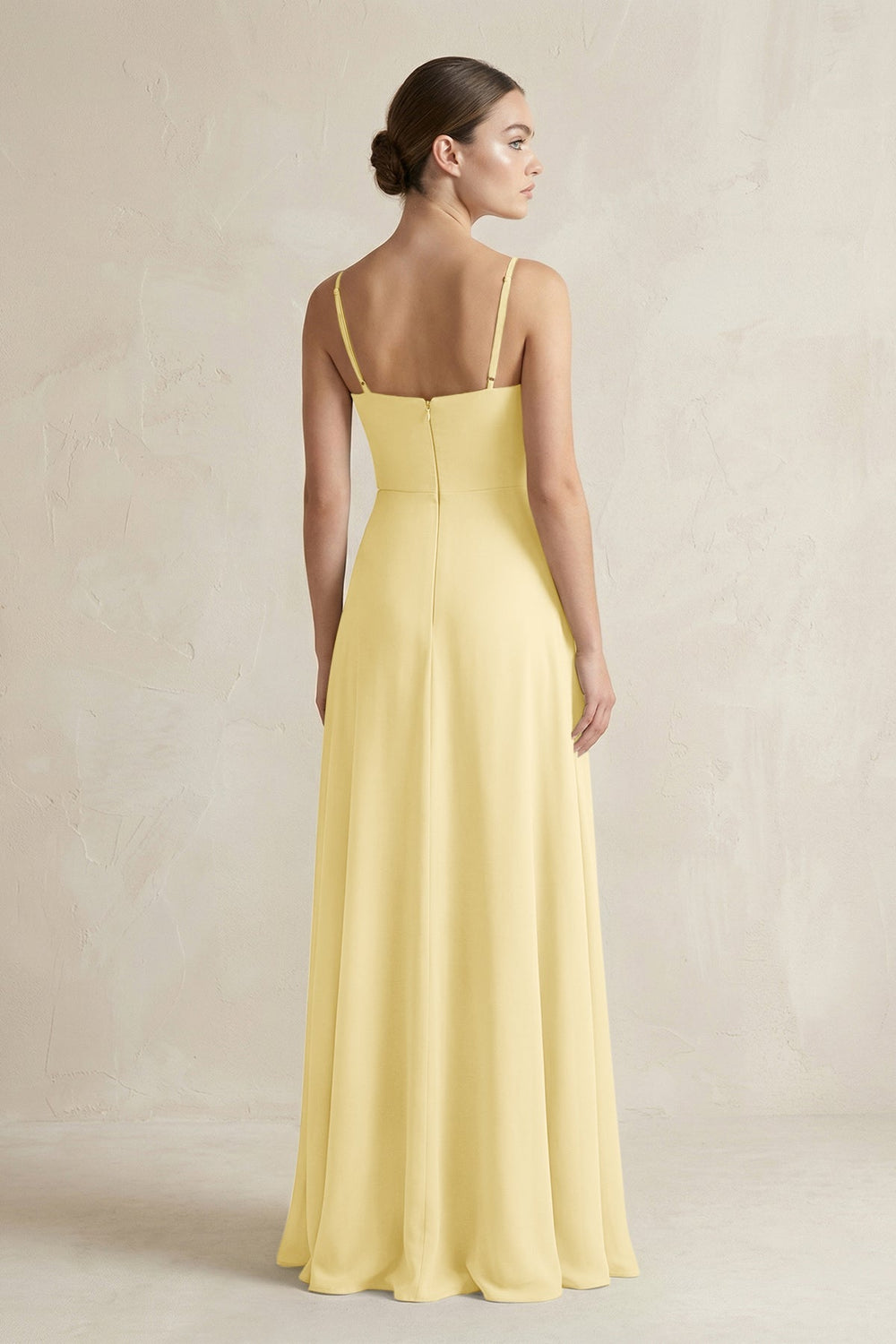 A - Line Chiffon Spaghetti Strap Bridesmaid Dress in Pastel Yellow - SHE IS ME Bridesmaid Dresses