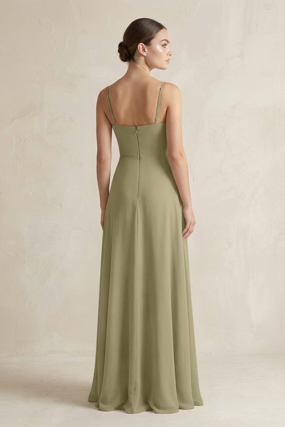 A - Line Chiffon Spaghetti Strap Bridesmaid Dress in Thyme - SHE IS ME Bridesmaid Dresses