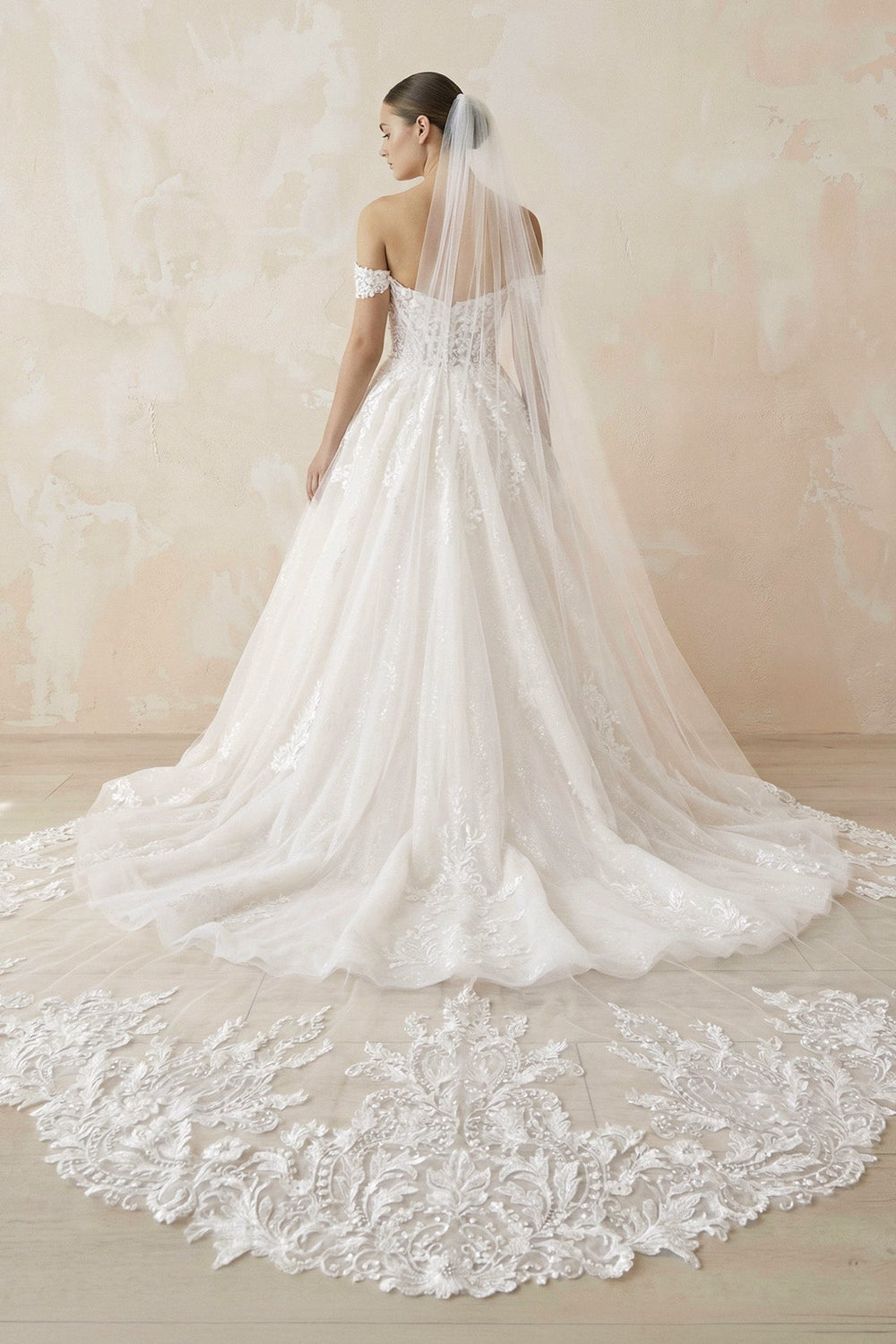 A Line Ivory Lace Off - the - Shoulder Wedding Dress - SHE IS ME Wedding Dresses