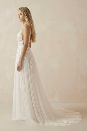 A - Line Ivory Lace V - Neck Wedding Dress with Ruffles - SHE IS ME Wedding Dresses