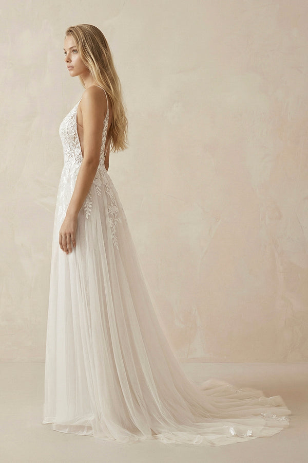 A - Line Ivory Lace V - Neck Wedding Dress with Ruffles - SHE IS ME Wedding Dresses
