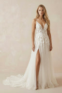 A - Line Ivory Lace V - Neck Wedding Dress with Ruffles - SHE IS ME Wedding Dresses