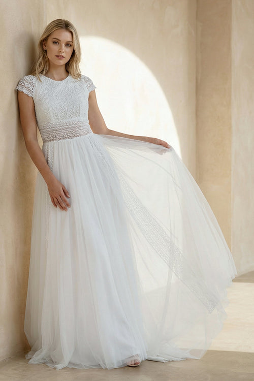 A Line Lace Cap Sleeves Wedding Dress in White - SHE IS ME Wedding Dresses
