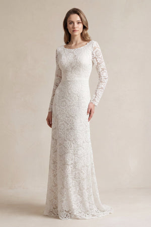 A - Line Lace Long Sleeves Wedding Dress - SHE IS ME Wedding Dresses