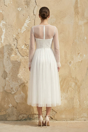 A Line Long Sleeves Chiffon Wedding Dress in White - SHE IS ME Wedding Dresses