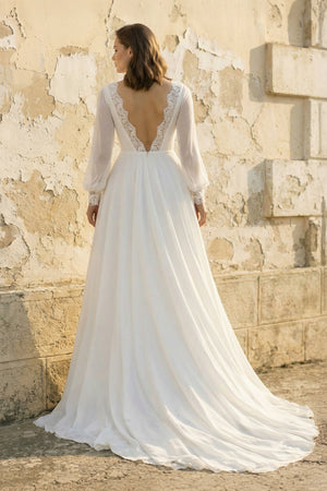 A Line Long Sleeves Chiffon Wedding Dress in White - SHE IS ME Wedding Dresses