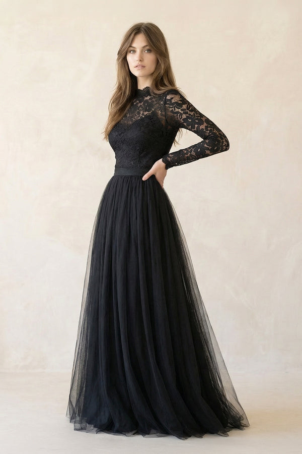 A Line Long Sleeves Lace Tulle Wedding Dress - SHE IS ME Wedding Dresses