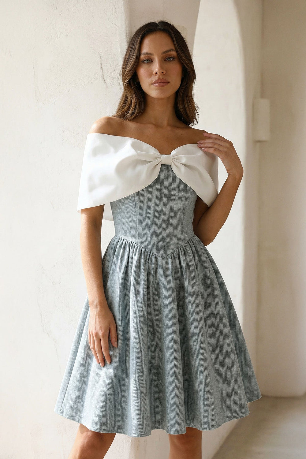 A - Line Mini Dress With Bow Cape in Mist - SHE IS ME