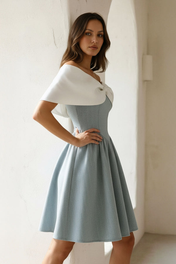 A - Line Mini Dress With Bow Cape in Mist - SHE IS ME