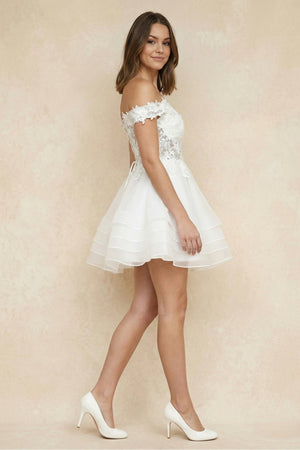 A - Line Off - the - Shoulder Lace Mini Wedding Dress - SHE IS ME Wedding Dresses