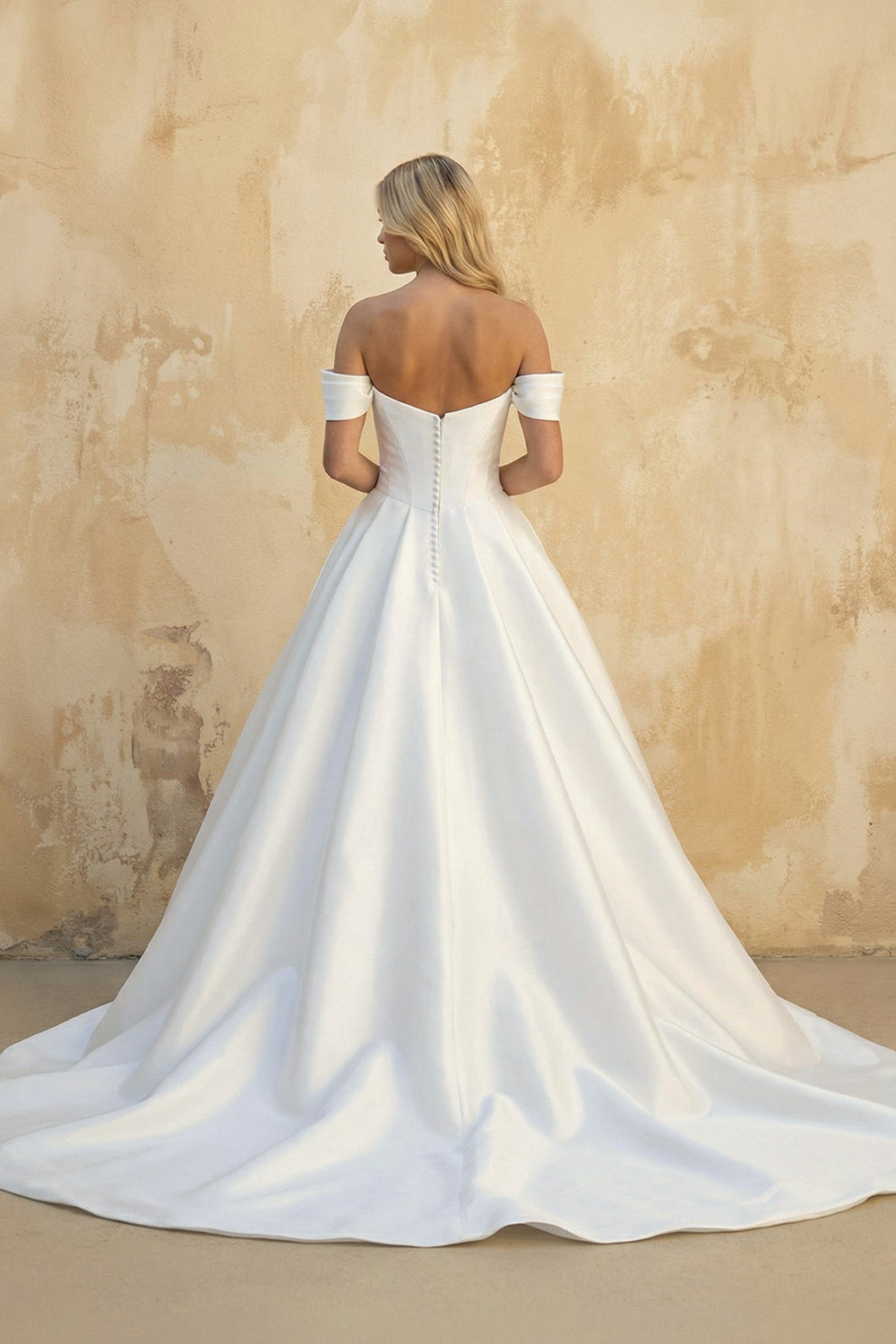 A - Line Off the Shoulder Satin Wedding Dresses in White - SHE IS ME Wedding Dresses