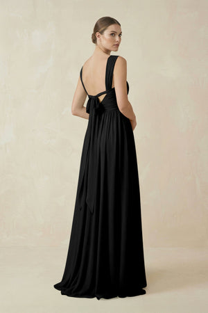 A - Line Pleated Chiffon Long Bridesmaid Dress in Black - SHE IS ME Bridesmaid Dresses