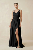 A - Line Pleated Chiffon Long Bridesmaid Dress in Black - SHE IS ME Bridesmaid Dresses