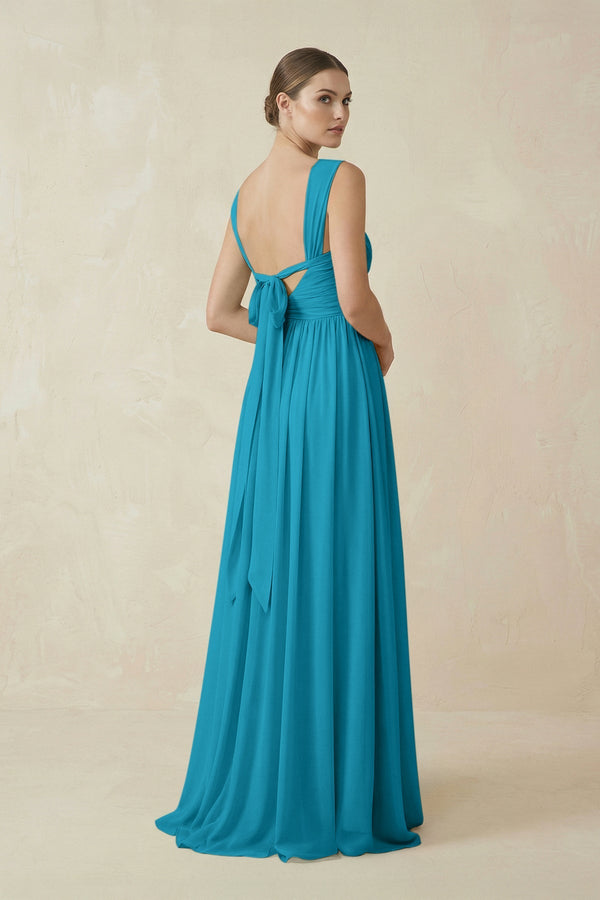 A - Line Pleated Chiffon Long Bridesmaid Dress in Blue Jay - SHE IS ME Bridesmaid Dresses
