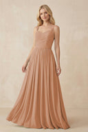 A - Line Pleated Chiffon Long Bridesmaid Dress in Bronzer - SHE IS ME Bridesmaid Dresses