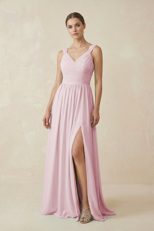 A - Line Pleated Chiffon Long Bridesmaid Dress in Candy Pink - SHE IS ME Bridesmaid Dresses