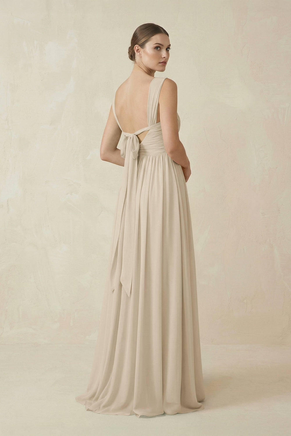 A - Line Pleated Chiffon Long Bridesmaid Dress in Champagne - SHE IS ME Bridesmaid Dresses