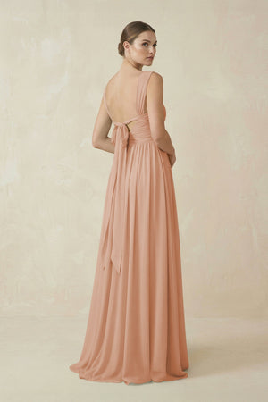 A - Line Pleated Chiffon Long Bridesmaid Dress in Champagne Rose - SHE IS ME Bridesmaid Dresses