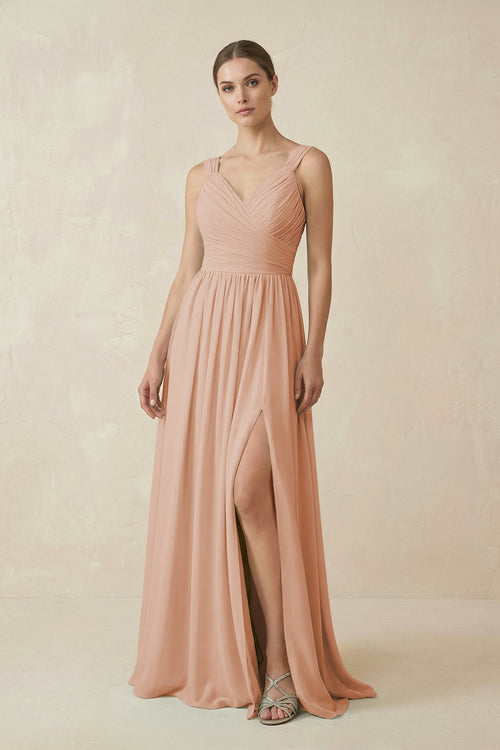 A - Line Pleated Chiffon Long Bridesmaid Dress in Champagne Rose - SHE IS ME Bridesmaid Dresses
