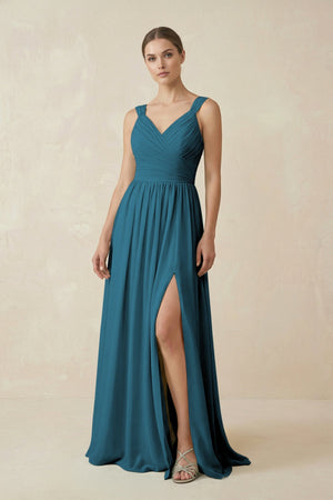 A - Line Pleated Chiffon Long Bridesmaid Dress in Dark Teal - SHE IS ME Bridesmaid Dresses