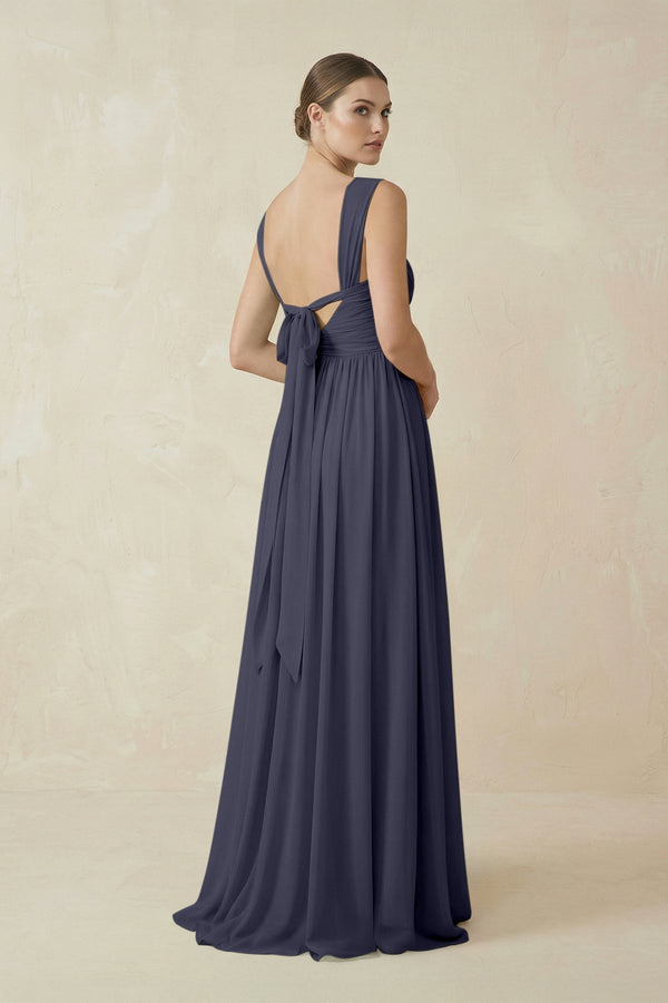 A - Line Pleated Chiffon Long Bridesmaid Dress in Dusk Blue - SHE IS ME Bridesmaid Dresses