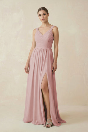 A - Line Pleated Chiffon Long Bridesmaid Dress in Dusty Rose - SHE IS ME Bridesmaid Dresses