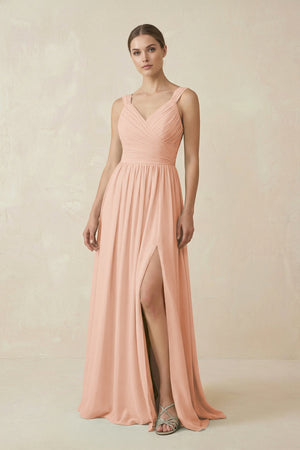 A - Line Pleated Chiffon Long Bridesmaid Dress in English Rose - SHE IS ME Bridesmaid Dresses
