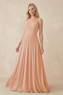 A - Line Pleated Chiffon Long Bridesmaid Dress in English Rose - SHE IS ME Bridesmaid Dresses