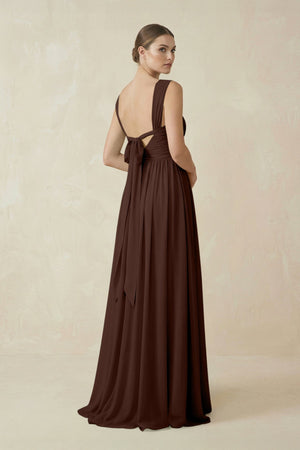 A - Line Pleated Chiffon Long Bridesmaid Dress in Espresso - SHE IS ME Bridesmaid Dresses